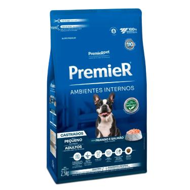 Imagem de Ração Premier Cães Ambientes Internos Castrados Adultos Sabor Frango e Salmão 2,5kg