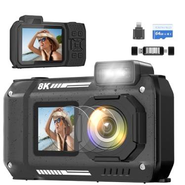 Imagem de Câmera digital à prova d'água 8K Snorkeling: câmera subaquática compacta robusta de 70 MP 33 pés HD tela dupla com zoom de 18X selfie cartão de 64 GB e bateria de 2500 mAh para mergulho ao ar livre