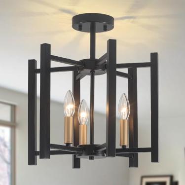 Imagem de QMNHAU Luminária de teto preta e dourada de 35,6 cm, luminária de teto com montagem semi-embutida de 3 luzes, luminária de teto industrial moderna para corredor, entrada, cozinha, sala de jantar
