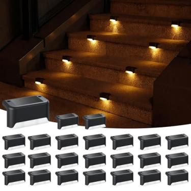 Imagem de APONUO Pacote com 24 luzes solares para deck preto, luzes solares externas à prova d'água para degrau, cerca, pátio, escadas, jardim e caminho (branco quente)