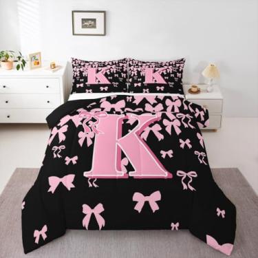 Imagem de jejeloiu Conjunto de edredom com laço fofo, tamanho casal, letra K, para crianças, meninos, meninas, preto, rosa, coquete, laço, edredom com monograma, decoração de quarto, 3 peças com 2 fronhas