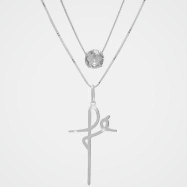 Imagem de Colar Duplo Em Prata 925 Ponto De Luz E Pingente Fé Correntinha Femini