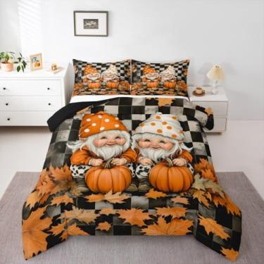 Imagem de Erosebridal Jogo de cama queen de gnomo para casal, outono, abóbora, folha de bordo, colheita, dia de Ação de Graças, para crianças, meninos e meninas, preto e branco