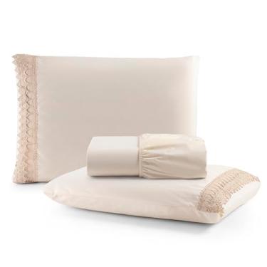 Imagem de Jogo de Lençol 100% Algodão Percal 200 Fios, 3 Peças com Elástico, Tamanhos Solteiro, Casal, Queen e King (Palha, Casal 3 Peças)