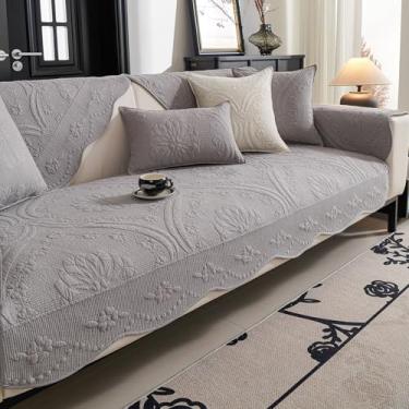Imagem de vctops Capa de sofá acolchoada de algodão Farmhouse Counrty floral bordada capa de sofá antiderrapante macia recortada capa protetora de móveis lavável para cães e gatos (cinza, 71 x 150 cm)