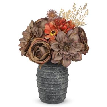 Imagem de Centro de mesa de outono flores artificiais em vaso, arranjos florais de seda rústica com rosas e dálias, decorações de mesa de fazenda para quarto, cozinha, exibição de cornija, ação de graças, mesa