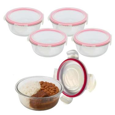 Imagem de Kit 4 Pote Vidro 950ml Redondo Não Vaza Marmita Tampa Hermético Vidro 