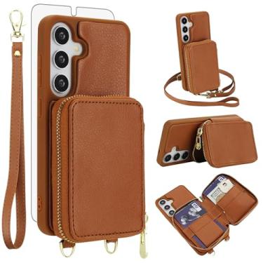 Imagem de Capa de celular para Samsung Galaxy A55 5G carteira de celular com protetor de tela de vidro temperado alça transversal para pulso suporte de cordão com bloqueio RFID A 55 55A A555G mulheres homens