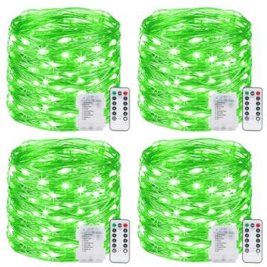 Imagem de kolpop Pacote com 4 luzes de fadas verdes operadas a pilha, 10 m, 120 luzes de LED cintilantes com temporizador e controle remoto, 8 modos de luzes de Halloween à prova d'água para grinalda de árvores