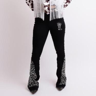 Imagem de Calça Jeans Preta Feminina Cow Brilhos Strass Cintura Alta - Texas Ran