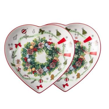 Imagem de Prato em forma de coração de 20 cm com padrão de Natal, New Bone China para servir aperitivo, bolo, doces e prato de férias, para mesa de férias, festa de Natal ou celebração de festival, conjunto de