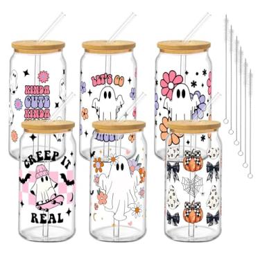 Imagem de Culudea 6 peças de copos de bebida de Halloween com tampas e canudos, conjunto de copos de cerveja em forma de lata de morcego de 473 ml fofo fantasma floral estrela xadrez para mulheres adolescentes