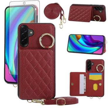 Imagem de Asuwish Capa para celular Samsung Galaxy A56 5G capa carteira e protetor de tela de vidro temperado alça de ombro transversal alça de ombro anel fivela suporte suporte cartão celular para A 56 56A LTE