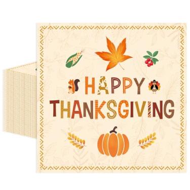 Imagem de 50 guardanapos de Ação de Graças 33 x 33 polegadas, guardanapos de papel de outono de abóbora descartáveis guardanapos de festa de almoço guardanapos de coquetel para decorações de festa de Ação de