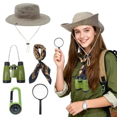 Imagem de 5Pcs Explorer Costume Full Set of Adventure Equipment Safari Sun Hat Telescope, Magnifying Glass, Compass,Scarf Safari Outfit Accessories for Halloween Cosplay Party