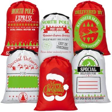 Imagem de Sweetude Pacote com 6 sacos grandes de presente de lona de Natal com cordão 66 cm x 48 cm tecido reutilizável de Natal sacos de presente gigantes para presentes de Natal, lembrancinhas de festa