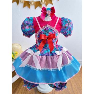 Imagem de Fantasia Infantil Junina Rosa e Azul com Flores Coloridas para Criança