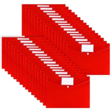 Imagem de 30 envelopes de plástico tamanho A4, pastas de arquivo transparentes, porta-documentos de trabalho, papel de escritório, organizador de arquivos de plástico com bolso de etiqueta e botão de pressão
