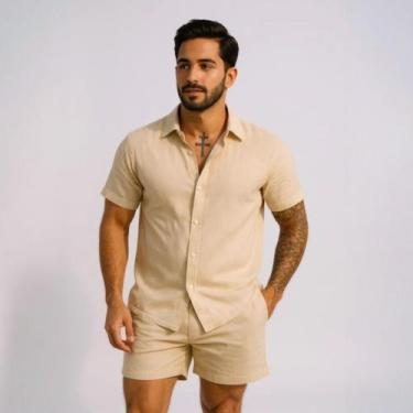 Imagem de Conjunto Masculino Camisa Linho Bermuda Linho - Volgue, Bege, M