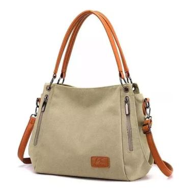 Imagem de Bolsa de ombro feminina de algodão e couro marrom