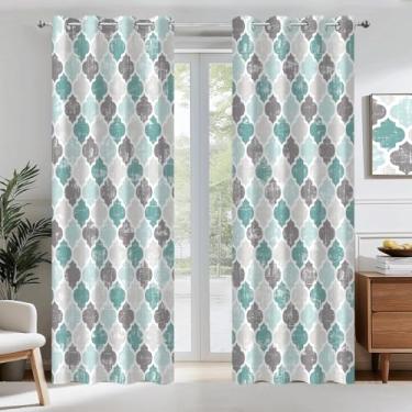 Imagem de Cortinas blackout marroquinas turquesa, cinza aqua, geométrico, escurecimento de casa de fazenda, isolamento térmico, bloqueio de luz, drapeado para decoração de quarto e sala de estar, 130 x 213 cm