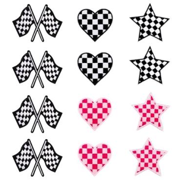 Imagem de 12 peças de remendos de corrida, adesivos decorativos de xadrez clássico em ferro bordados, apliques para roupas, jeans, mochilas, chapéus (bandeira + coração + estrela)
