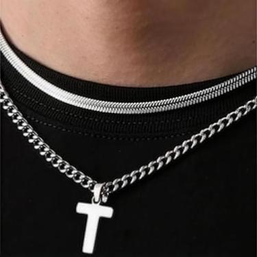 Imagem de Coleção de 26 colares com pingente de alfabeto em camadas, design de corrente dupla (cobra e elos cubanos), joias urbanas hip hop para uso diário e casual, One Size, Aço inoxidável, Sem Pedra Preciosa