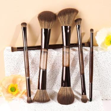 Imagem de Pincéis de maquiagem de ponta dupla de 6 peças com alças de borracha, pincéis veganos de contorno de cerdas macias, para misturar cremes líquidos, base e blush (café escuro)