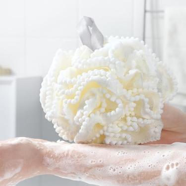 Imagem de Esponja de banho macia – Bola de banho esfoliante de dupla utilização com alça para pendurar para limpeza da pele e espuma rica
