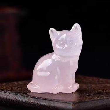 Imagem de Estátua de Guardião de Gato de Quartzo Esculpido em Cristal Rosa Decoração de Mesa Presente Colecionável