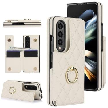 Imagem de Capa de couro para celular Samsung Galaxy Z Fold 3, 4, 5, 6, 7, com suporte de anel de metal e capa rígida, branca, para Galaxy Z Fold 3