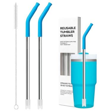 Imagem de Snowfall 2 canudos de metal de substituição para Stanley 14, copo de 590 ml, canudos de aço inoxidável com ponta de silicone para copo de 590 ml, pincel de palha (azul celeste)