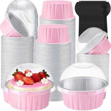 Imagem de Gandeer 200 forros de cupcake de 142 g com tampas e colheres de cúpula, copos redondos de alumínio para assar, latas de muffin descartáveis, ramequins de sobremesa para casamento, aniversário