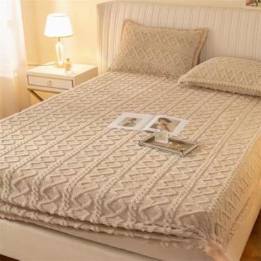 Imagem de Capa de colchão, veludo macio e fofo, bolso profundo, quente e respirável para todas as estações, protetor de colchão antiderrapante, elástico, lençol de cama cáqui, 150 x 200 cm (conjunto de 3 peças)