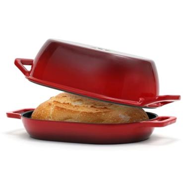 Imagem de Northriver Casting Forno holandês oval de ferro fundido esmaltado de 5 litros para assar pão – Panela de pão esmaltada vermelha de 30,5 x 20,3 cm com tampa profunda e base rasa, ideal para fermento