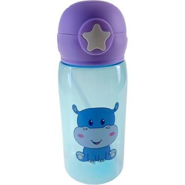 Imagem de Garrafa Squeeze Infantil com Canudo Silicone Trava e Tampa 500Ml Garrafinha de Água Criança Escolar (Hipopótamo)