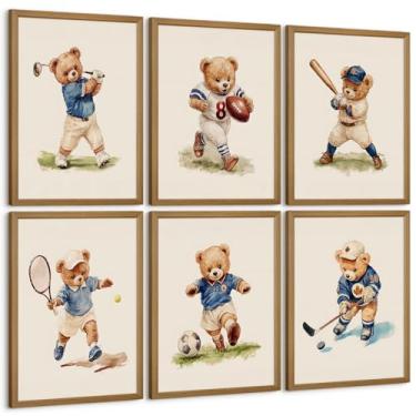 Imagem de Arte de parede esportiva com urso de berçário vintage decoração de parede em tela para quarto de menino imagens de urso de pelúcia infantil impressão de arte de pôster de animais para quarto de