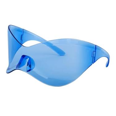 Imagem de LJCZKA Óculos de sol futuristas de grandes dimensões Y2k para homens e mulheres, máscara protetora moderna, óculos de sol, óculos de sol femininos, Azul, One Size