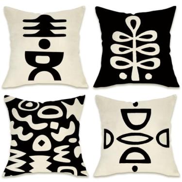 Imagem de Fahrendom Capas de almofada decorativas geométricas abstratas 46 x 45 conjunto de 4, preto branco arte moderna varanda pátio capa de almofada minimalista para sofá decoração de casa