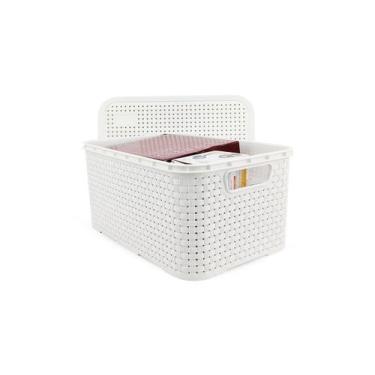 Imagem de Cesto Caixa Organizadora Rattan de Plástico Resistente Médio Com Tampa