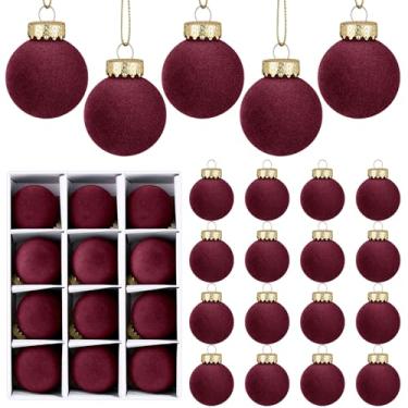 Imagem de 24 peças de bolas de Natal de veludo flocadas para pendurar na árvore de Natal, decoração de casa (vinho, 8 cm)