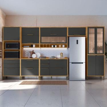 Imagem de Armário de Cozinha com Balcão e Tampo 14 Portas 6 Gavetas Pérola 100% Mdf Vidro Reflecta Amêndoa/Cinza - Pnr Móveis