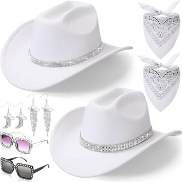 Imagem de Hercicy 8 peças de chapéu de cowboy com strass para mulheres, cowgirl ocidental, glitter, brincos brilhantes de coração, bandanas Paisley, Branco, tamanho �nico