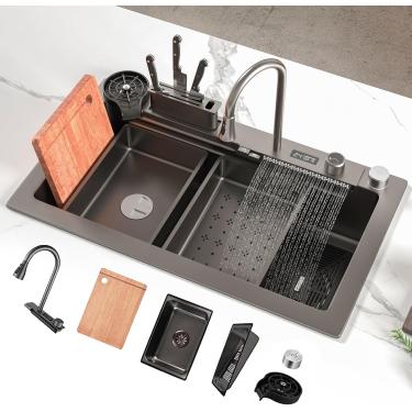 Imagem de Pia De Cozinha Inteligente Com Display De Temperatura Pia De Estação De Trabalho De Aço Inoxidável Com Lavadora De Copos Tigela única Nano-revestida Com Cascatas Duplas, Black-gray-4, 80 cm