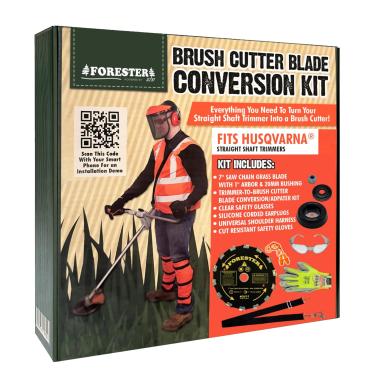 Imagem de FORESTER Kit de conversão de cortador de escova com lâmina de cortador de escova de 18 cm, inclui óculos de segurança, tampões de ouvido, luvas, arnês, compatível com os modelos Husqvarna 325 LX, 325