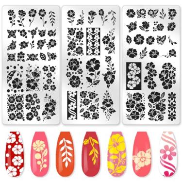 Imagem de Benikmake 3 peças molde de carimbo de unhas de hibisco placa de imagem de aço inoxidável DIY ferramentas reutilizáveis com raspador de carimbo para salão de manicure