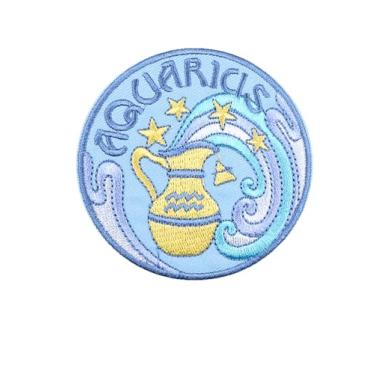 Imagem de XIAOYATOU 1PSC Aquarius Zodiac Patch bordado a ferro, rosa e vermelho, redondo de 8 cm (Aquário)