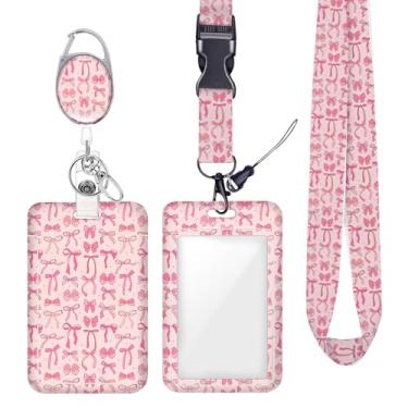 Imagem de Cordão de crachá de identificação com laço rosa para crachás de identificação, chaveiro protetor vertical, clipes de mosquetão retráteis, cordão de chave resistente para mulheres, meninas, professores