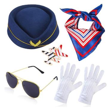 Imagem de FOUTOUKEEP Conjunto de fantasia de voo, boina, cachecol, luvas brancas, óculos de sol, broche de avião, aeromoça, uniforme, festa, cosplay de Halloween (azul escuro)