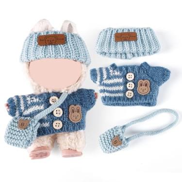 Imagem de Compatível com Labubu (sem boneca) - Conjunto de malha azul (chapéu + suéter + calça + bolsa azul) com patch de coelho, roupas de boneca de 15 cm/17 cm (azul, com bolsa)